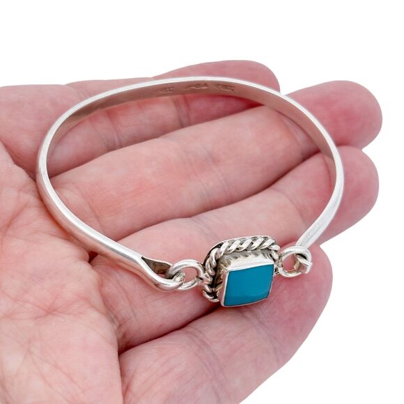 Vintage Mexico Taxco TR-15 925 Sterling Silver Blue Enamel Bangle Bracelet 6.5" - Picture 1 of 8